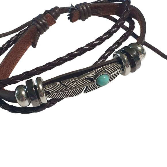 Braided Leather Feather Bracelet Blue Bead Adjustable Brown Band Tribal Design - Picture 3 of 4
